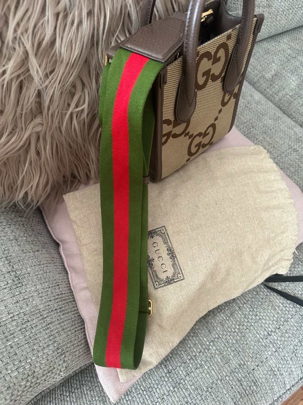 Gucci Brown GG Canvas Micro Tote with Green-Red Web Strap - Picture 9 of 13